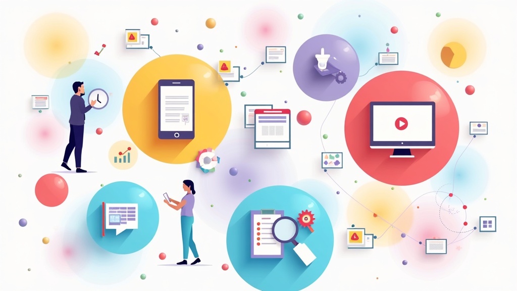 Colorful digital icons representing different types of web content on a vibrant, modern background.